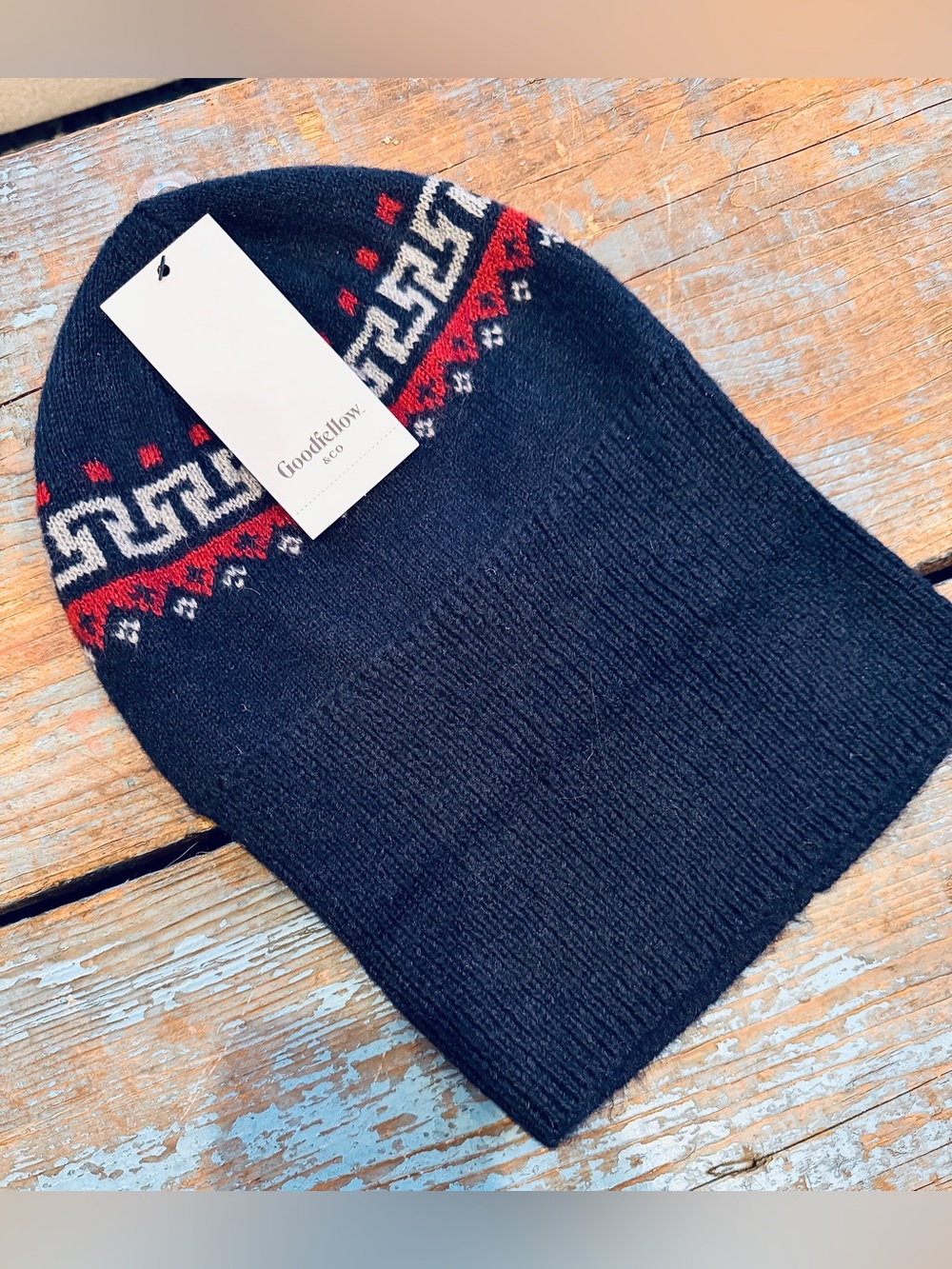 NWT Goodfellow & Co Navy Blue Beanie with Maroon and Grey Geometric Trim